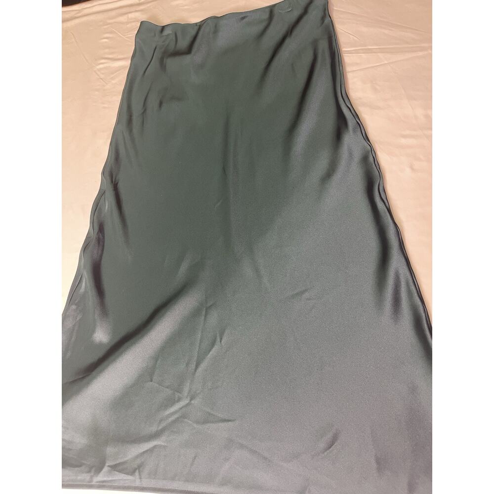 Zara Satin Midi Skirt Green Teal Slip Bias Cut Size L Elastic Waist Minimalist - Picture 3 of 8